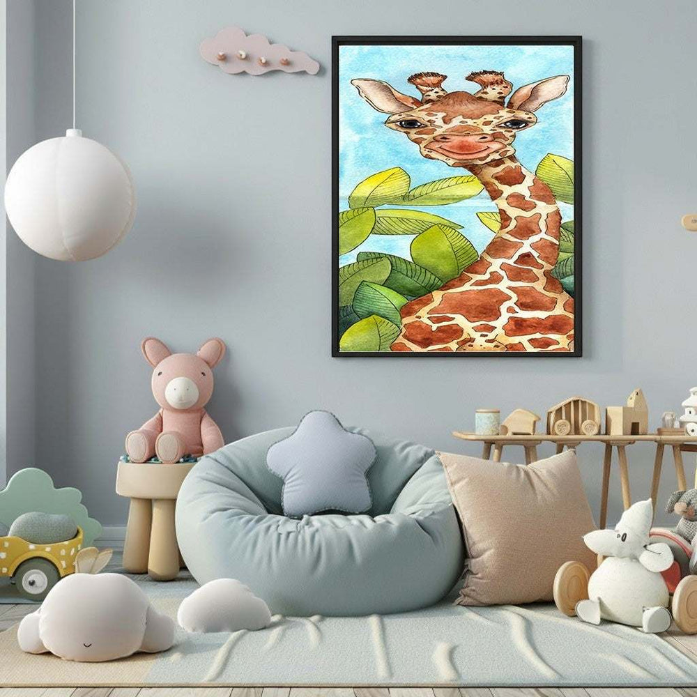 Wadi Home whimsical watercolor giraffe art with green leaves and blue sky, perfect for nursery decor.
