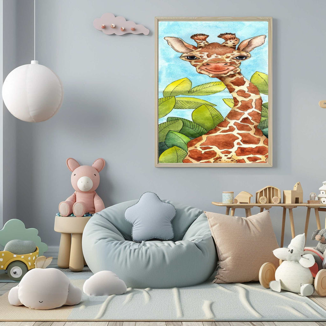 Wadi Home whimsical watercolor giraffe art for nursery, peeking through green leaves against a blue sky.