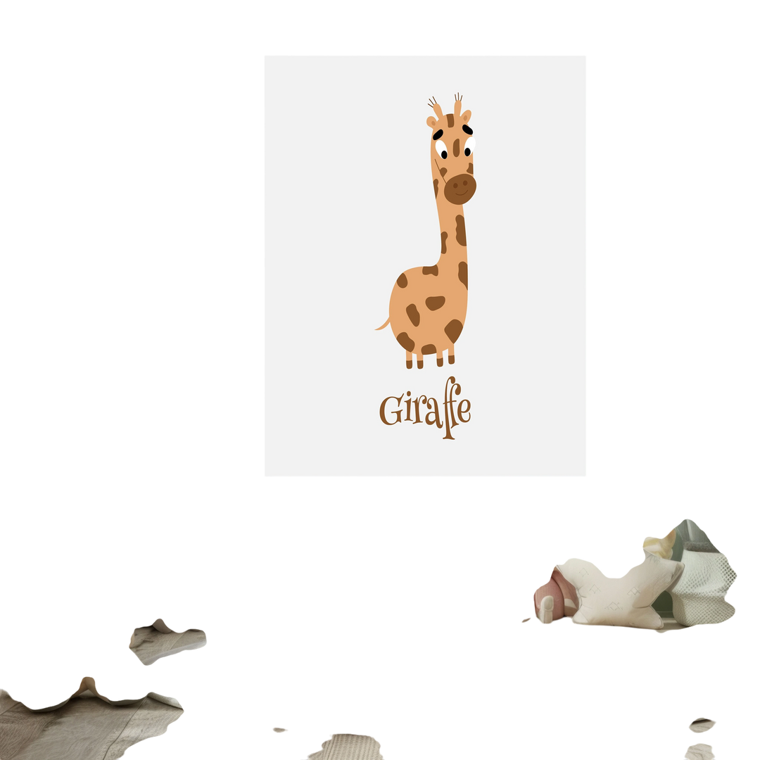 Wadi Home cartoon giraffe nursery wall art in brown and tan, perfect for a baby's room.
