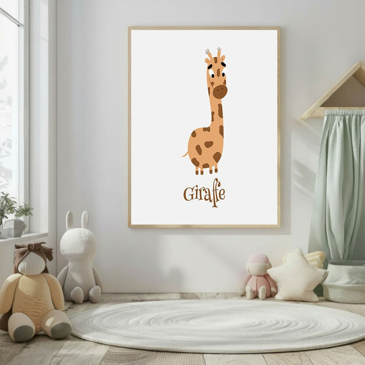 Wadi Home cartoon giraffe nursery wall art in brown and tan hues, perfect for a baby's room.