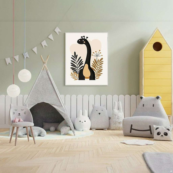 Wadi Home framed art print of a stylized black giraffe with beige and gold accents, surrounded by abstract leaves. Modern nursery decor.