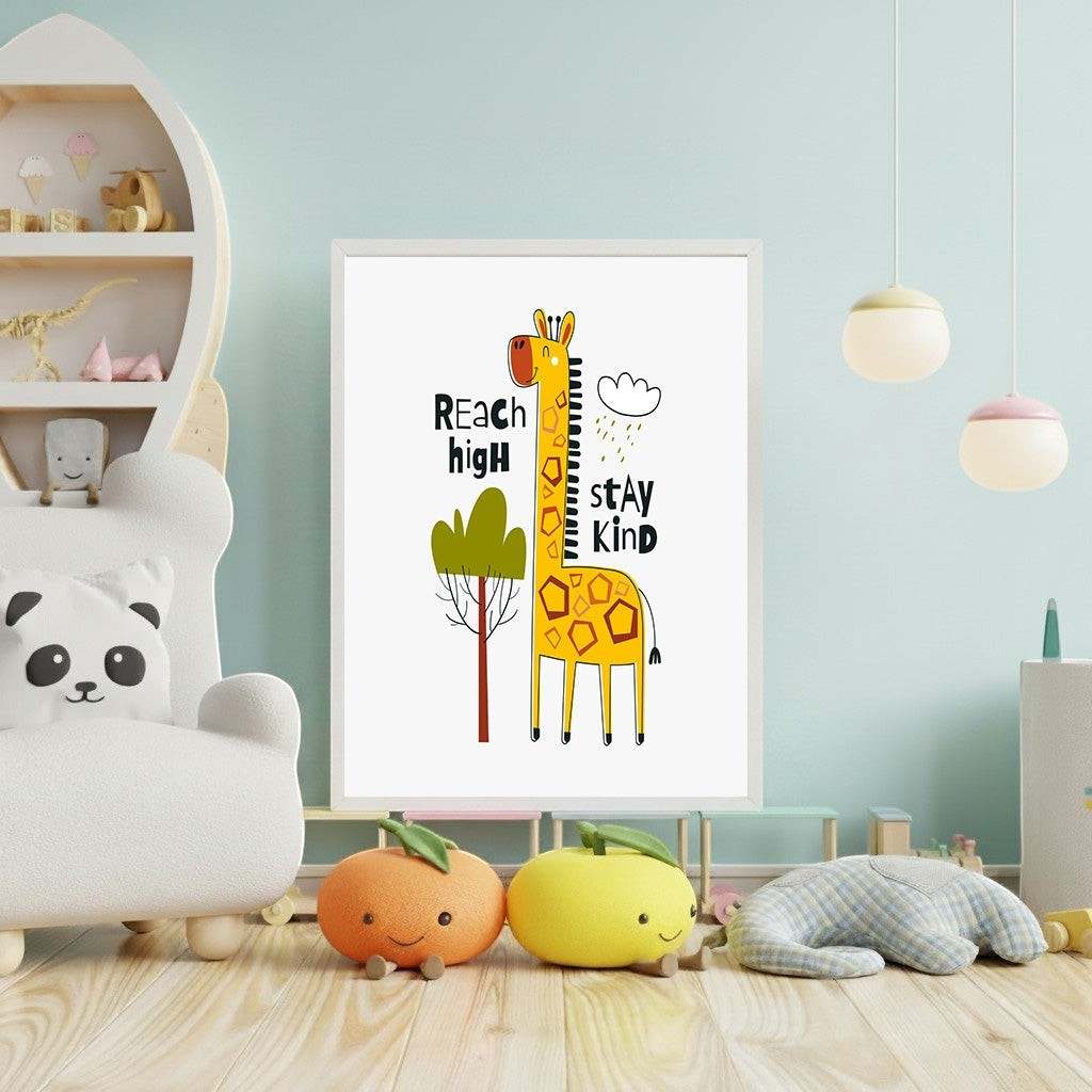 Wadi Home framed wall art with a yellow giraffe and tree, featuring the text "Reach High, Stay Kind".