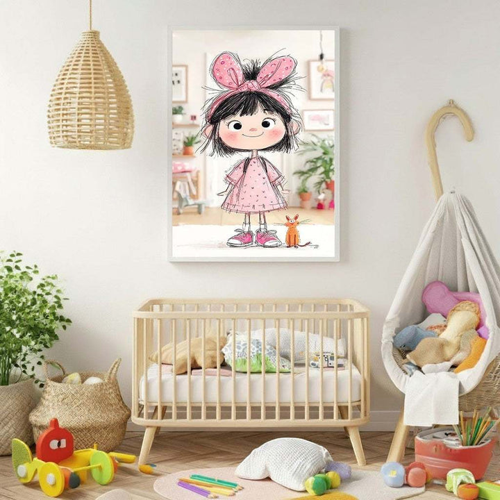 Wadi Home framed wall art of a cartoon girl with a pink bow and orange cat, perfect for a nursery.