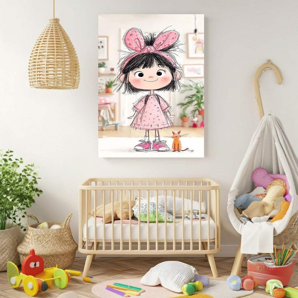 Wadi Home cartoon girl with pink bow and orange cat, pink dress, sketch style, nursery wall art.