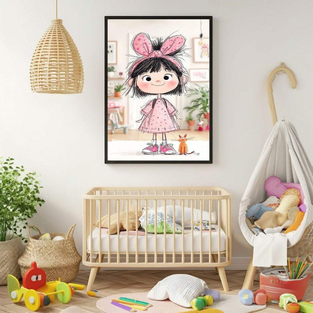 Wadi Home framed wall art of a cartoon girl with a pink bow and dress, standing next to an orange cat. Perfect for a nursery.