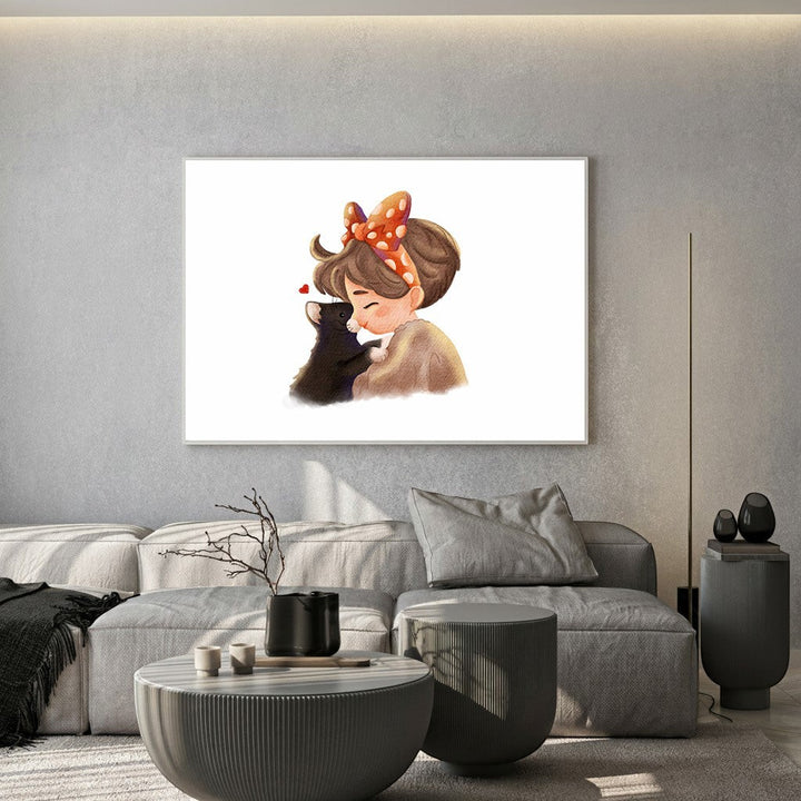 Wadi Home watercolor art of a girl hugging a black cat with a red bow, symbolizing love and companionship.