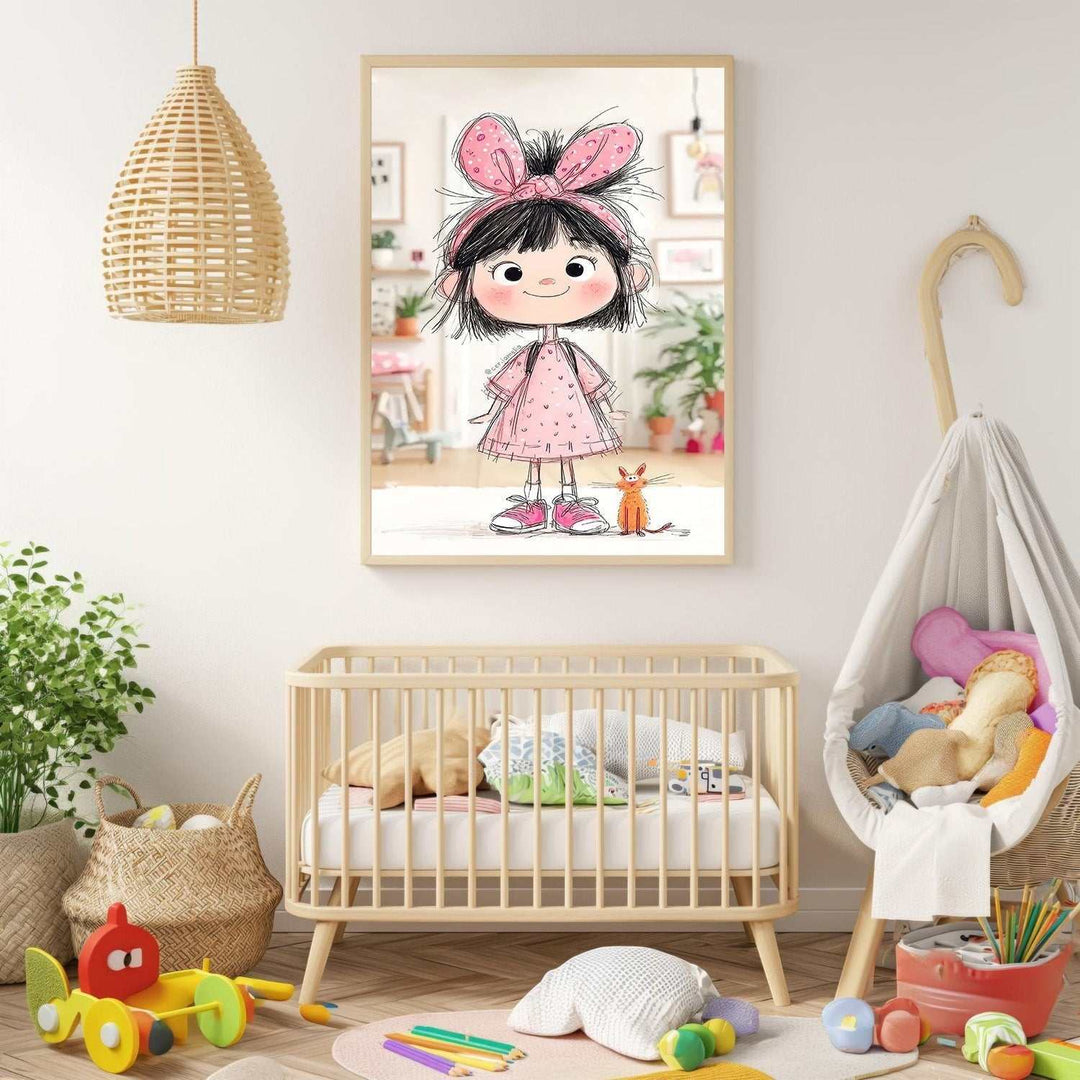 Wadi Home framed wall art of a cartoon girl with a pink bow and an orange cat, perfect for a child's room.