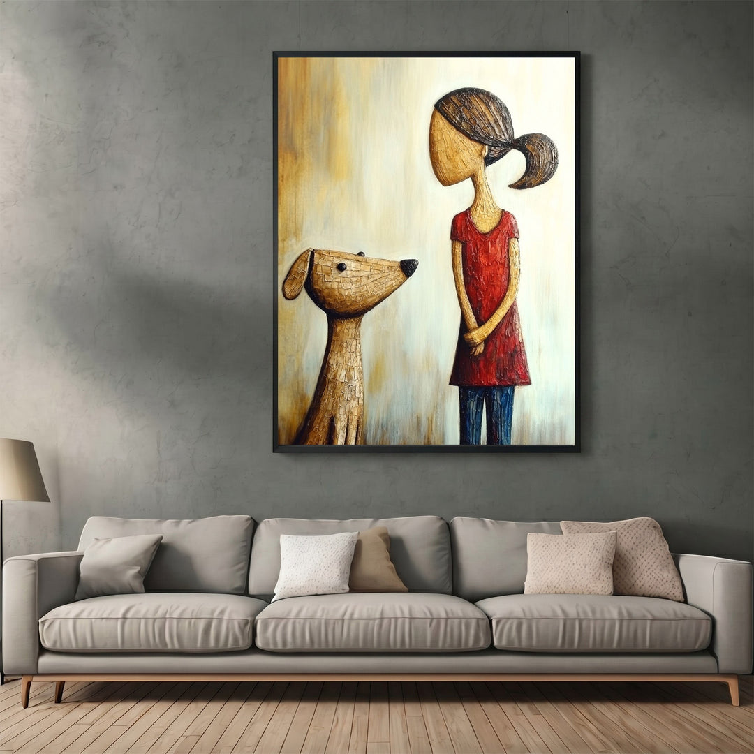 Wadi Home framed wall art featuring a textured illustration of a girl in a red dress with her dog in a living room.