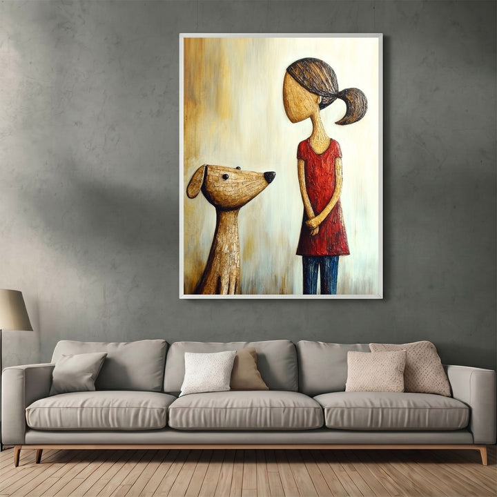 Wadi Home framed wall art featuring a textured illustration of a girl in a red dress with her dog in a living room.