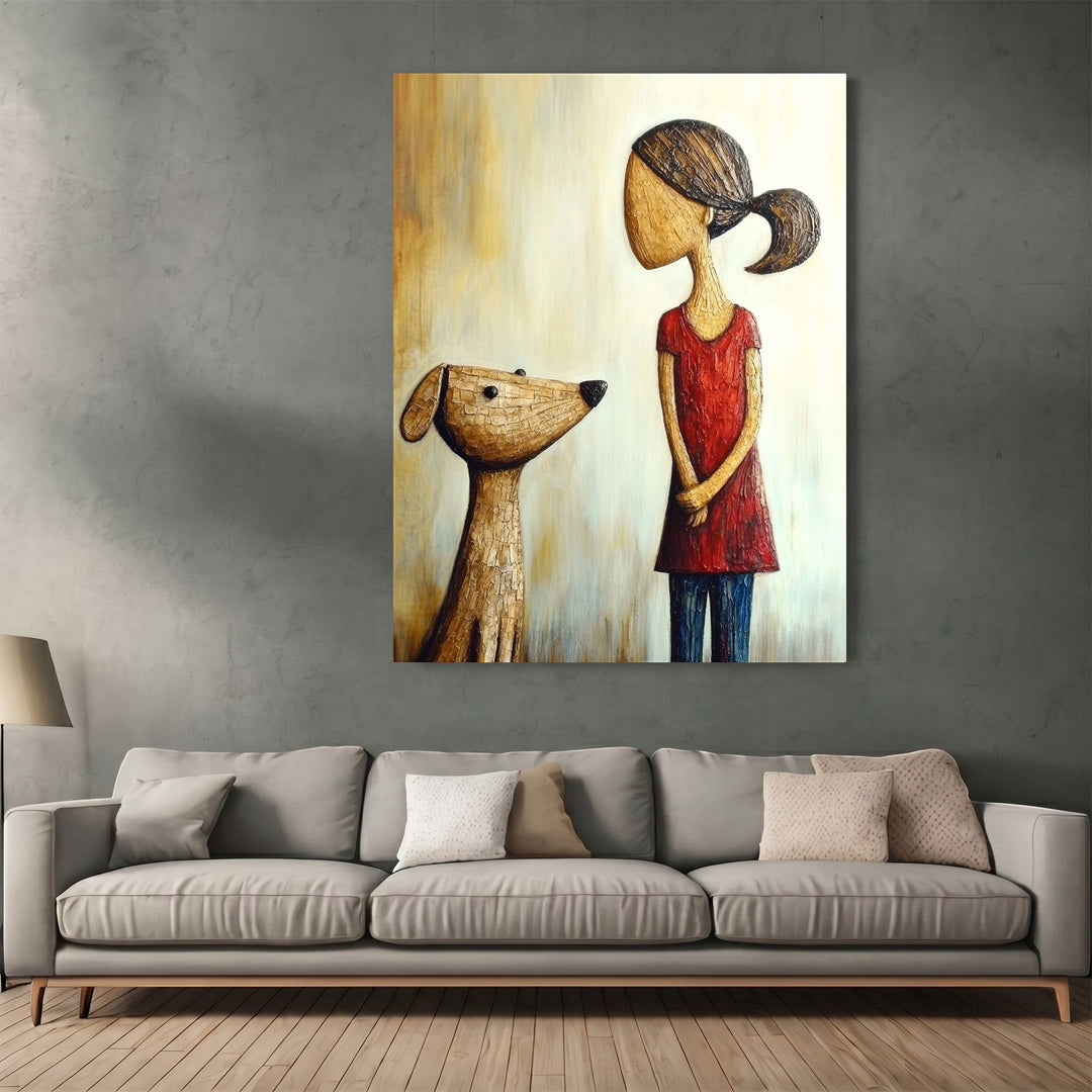 Wadi Home framed wall art featuring a textured illustration of a girl in a red dress with her dog in a living room.