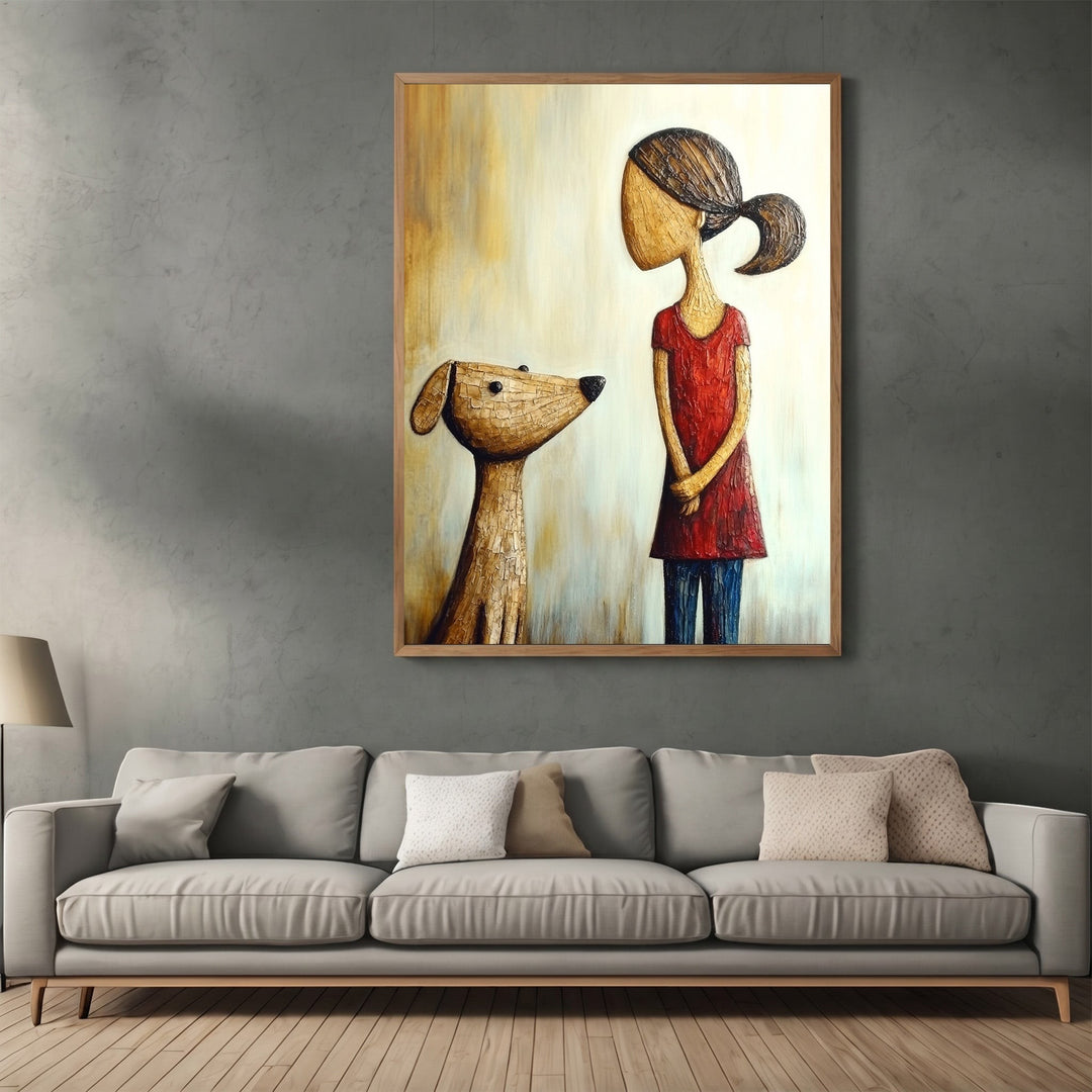Wadi Home framed wall art featuring a textured illustration of a girl in a red dress with her dog in a living room.