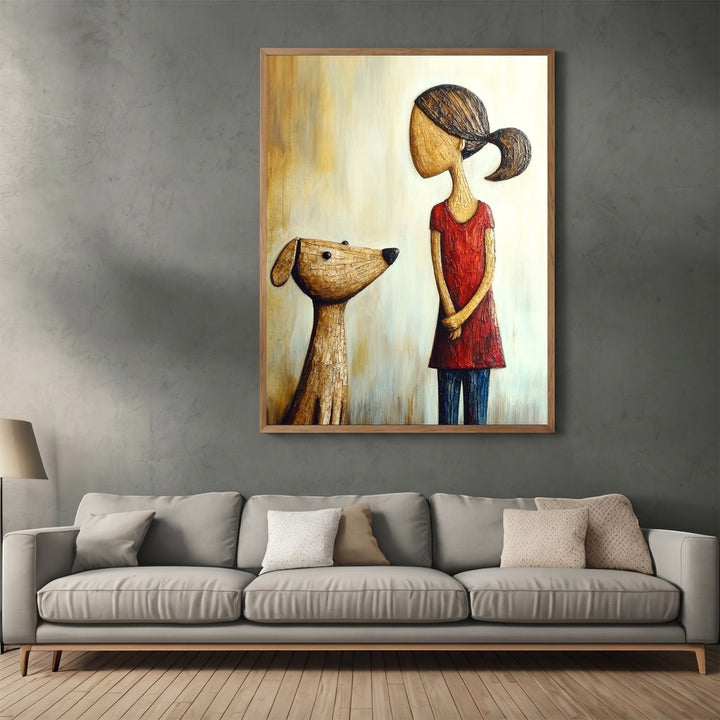 Wadi Home framed wall art featuring a textured illustration of a girl in a red dress with her dog in a living room.