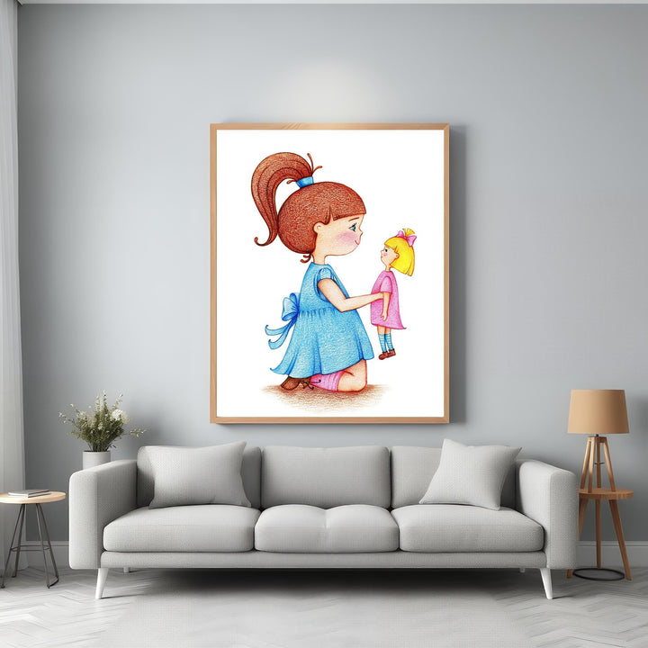 Wadi Home illustration of a girl in a blue dress holding a doll, whimsical style, warm colors, evokes innocence and imagination.