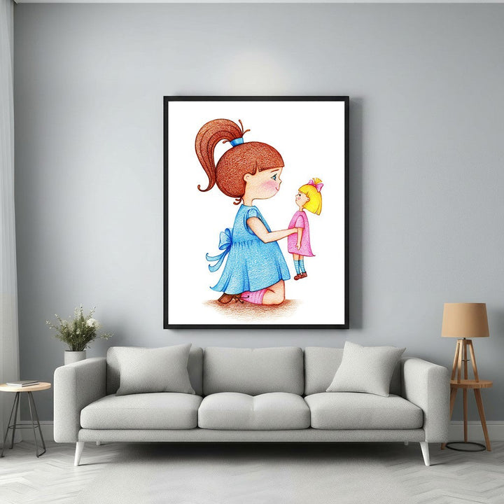 Wadi Home illustration of a girl in a blue dress holding a doll, whimsical style, warm colors, evokes childhood innocence and imagination.