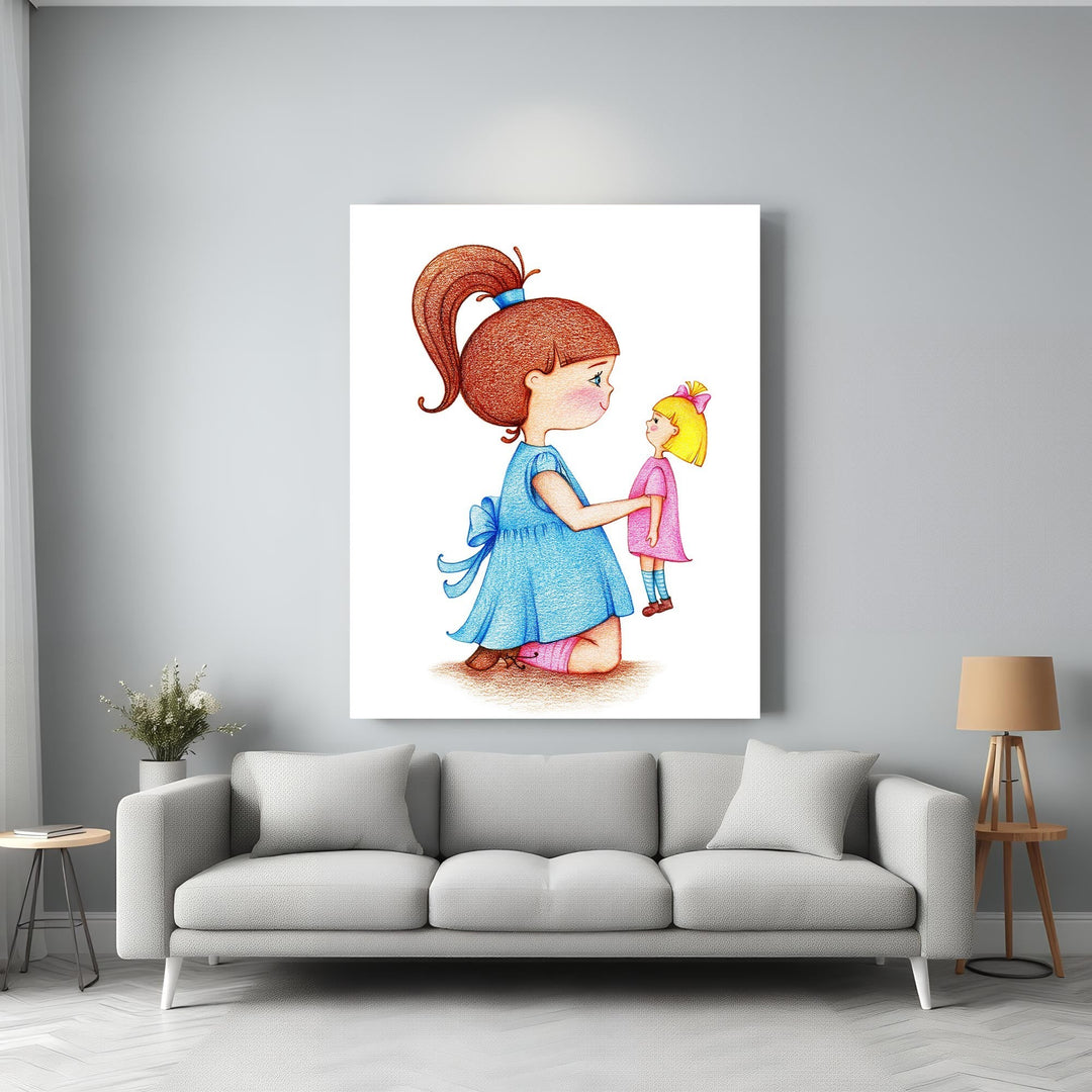 Wadi Home illustration of a girl in a blue dress holding a doll, whimsical style, warm colors, evokes childhood innocence and imagination.