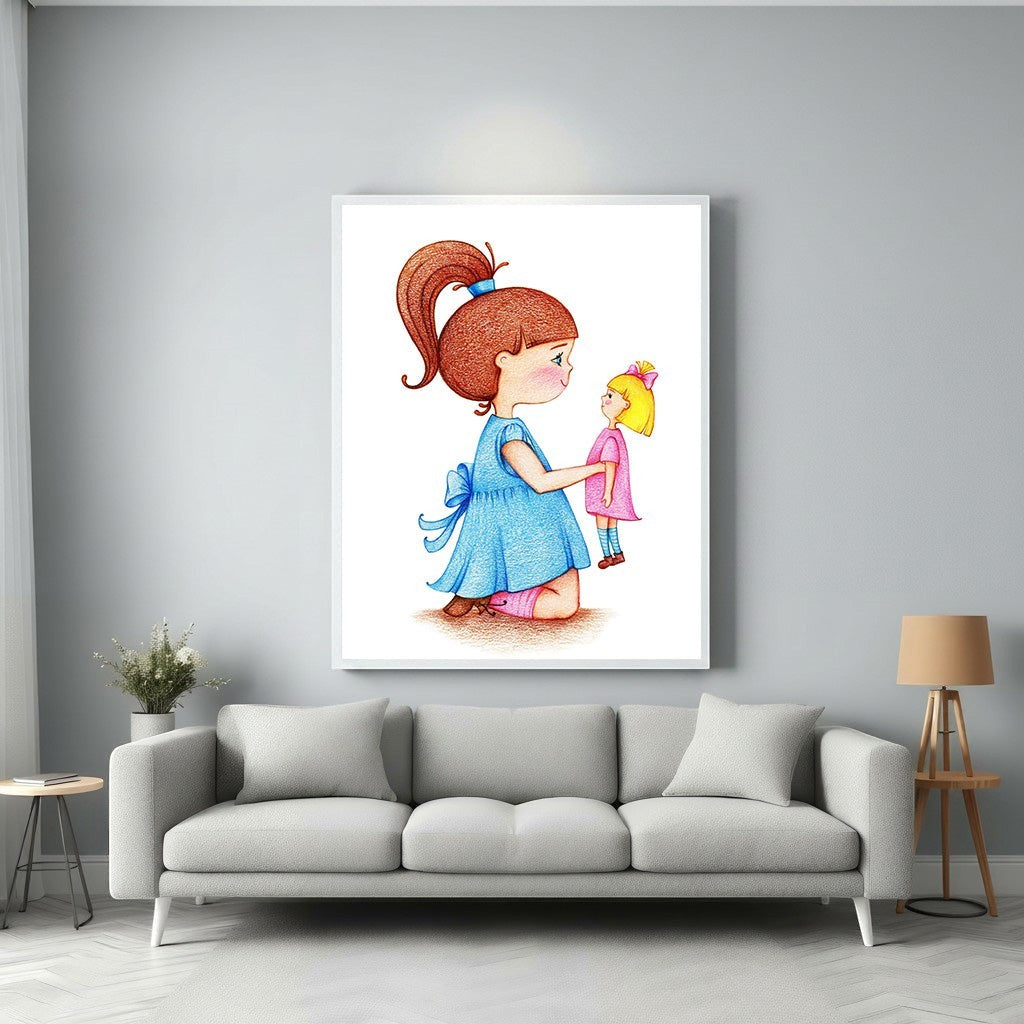 Wadi Home illustration of a girl in a blue dress holding a doll, whimsical style, warm colors, evokes childhood innocence and imagination.