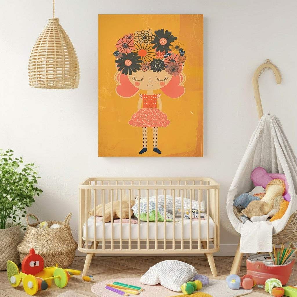 Wadi Home whimsical girl with floral headdress wall art, orange background, pink hair, orange dress, black shoes.