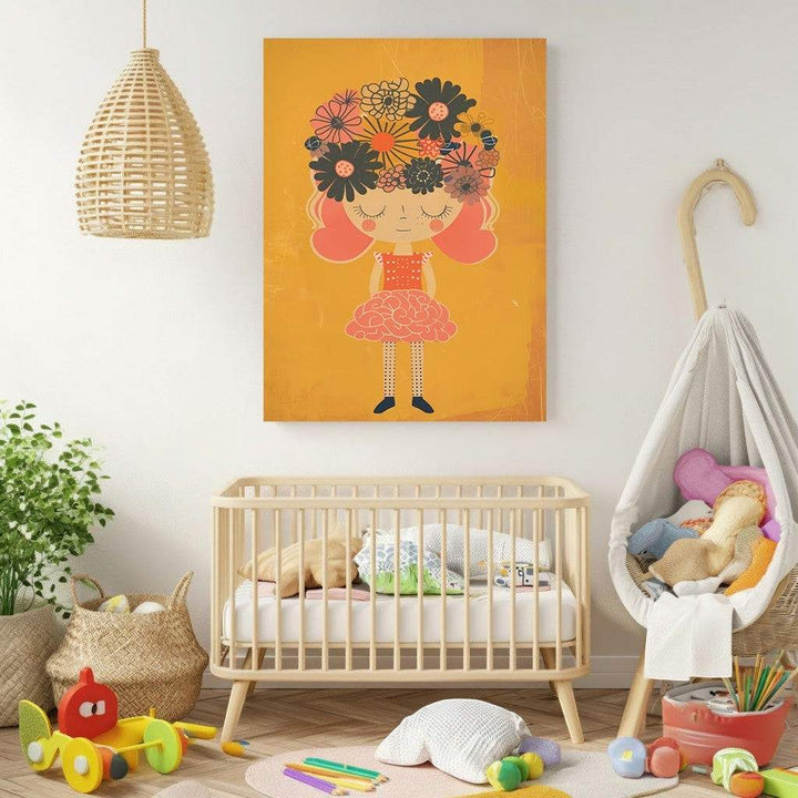 Wadi Home whimsical girl with floral headdress wall art, orange background, pink hair, orange dress, black shoes.