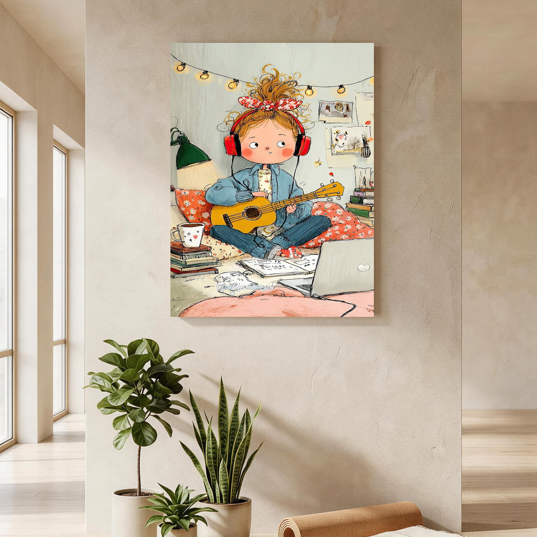 Wadi Home artwork of a girl with red headphones playing a yellow guitar, surrounded by books and a laptop.