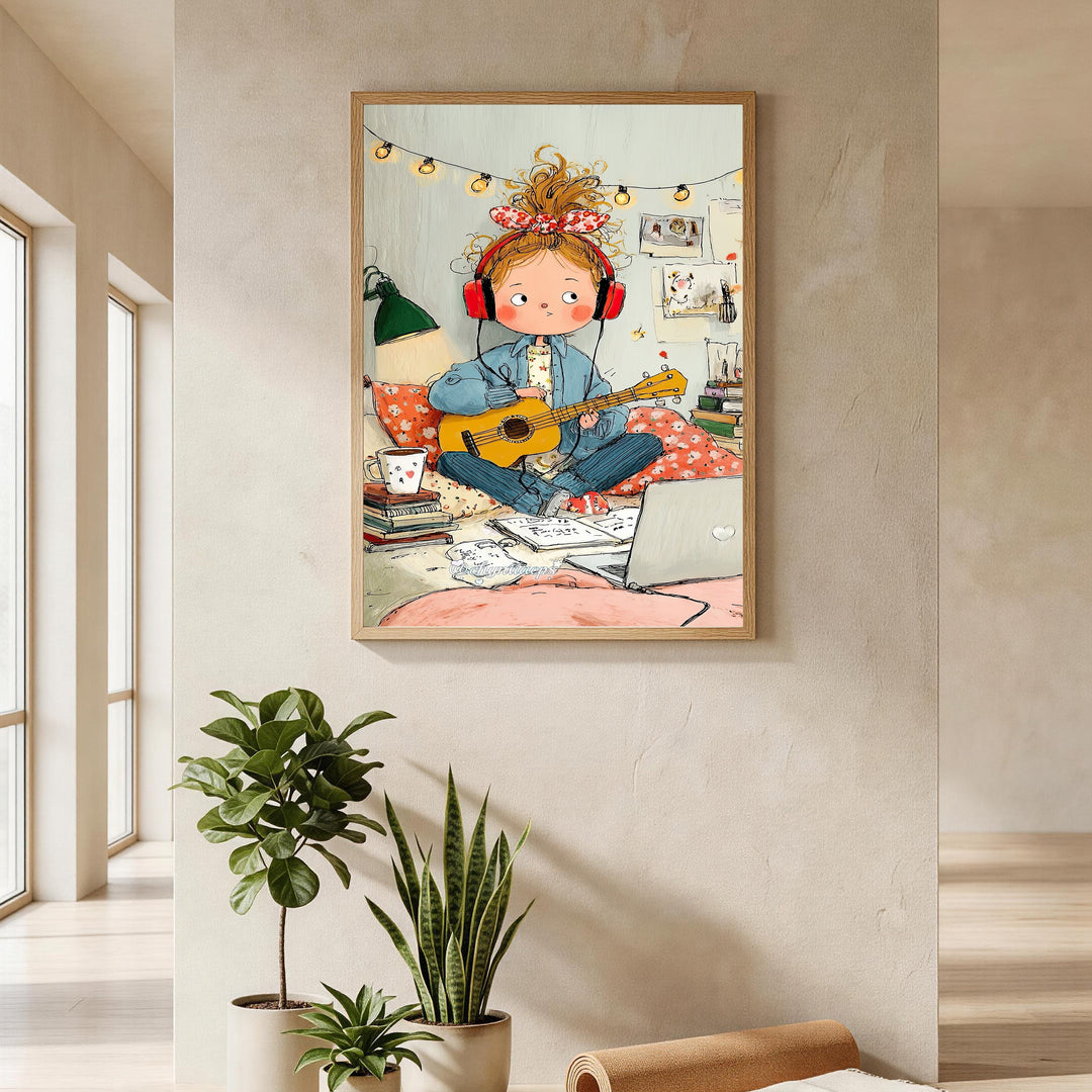 Wadi Home artwork of a young girl with red headphones playing a yellow guitar, surrounded by books and a laptop.