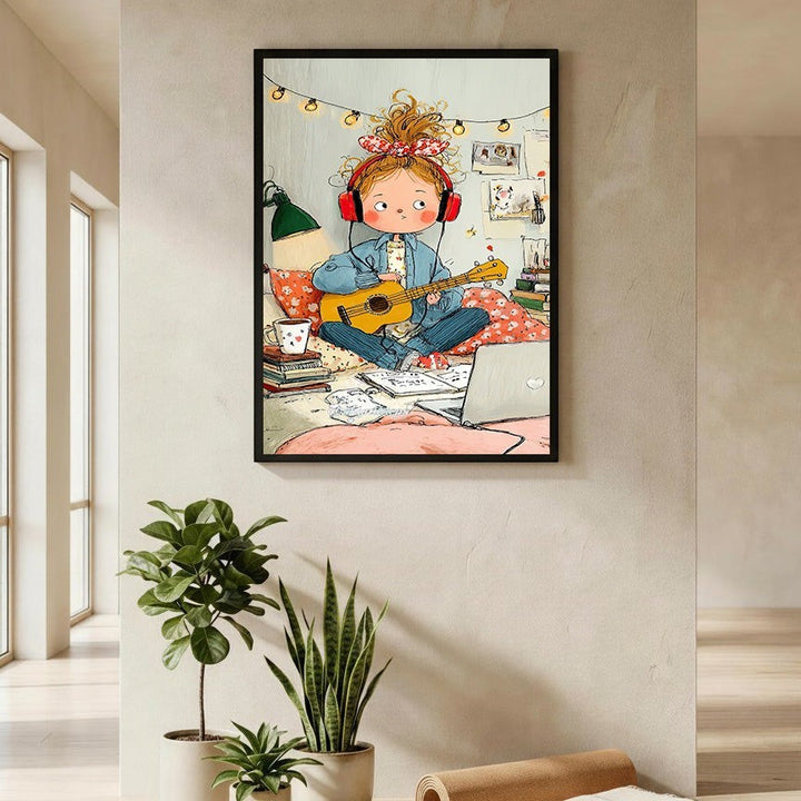 Wadi Home artwork of a young girl with headphones playing guitar, surrounded by books and a laptop.