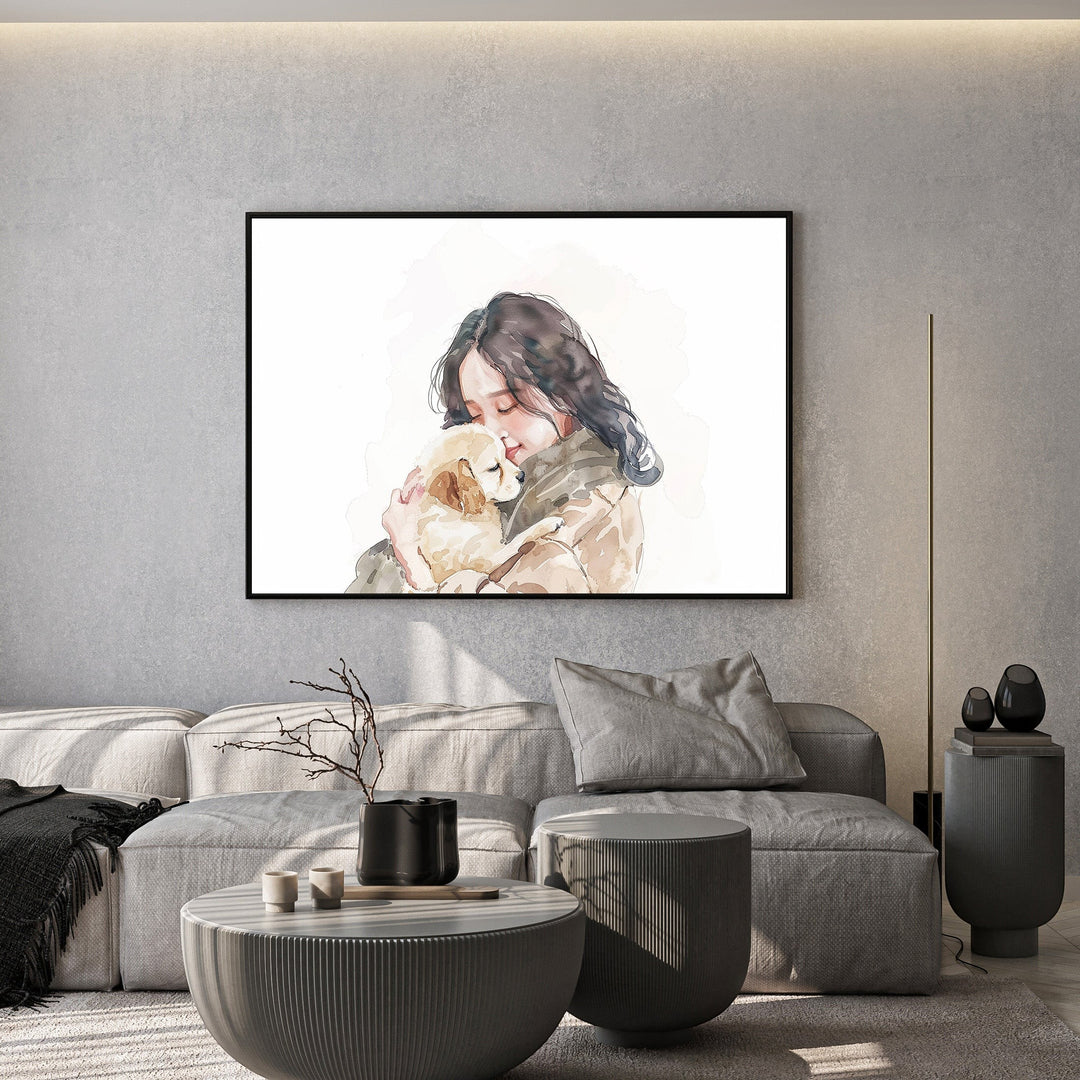 Wadi Home framed print of a girl hugging a golden retriever puppy, watercolor style, warm tones.
