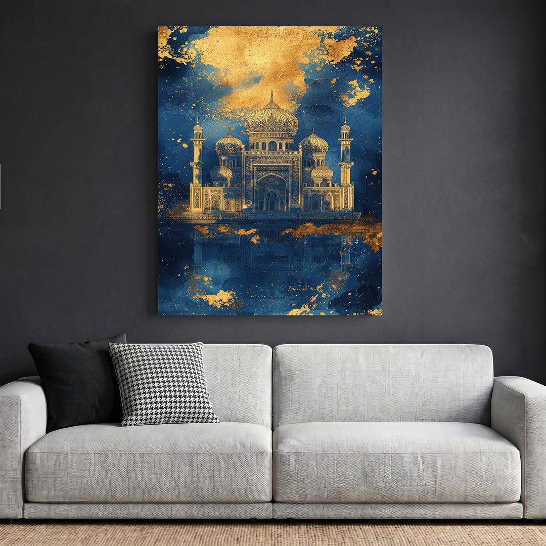 Wadi Home ornate palace wall art print with shimmering gold architectural details on a moody navy blue background.