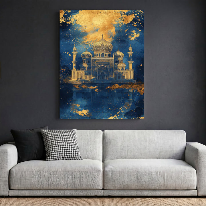 Wadi Home ornate palace wall art print with shimmering gold architectural details on a moody navy blue background.
