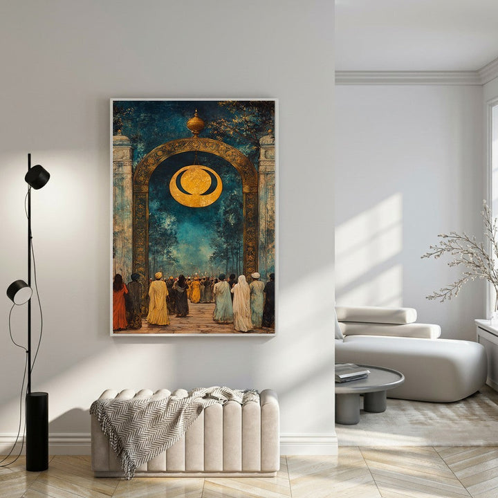 Wadi Home artwork featuring a golden crescent archway framing a gathering of figures in traditional attire, with deep blue and earthy tones.