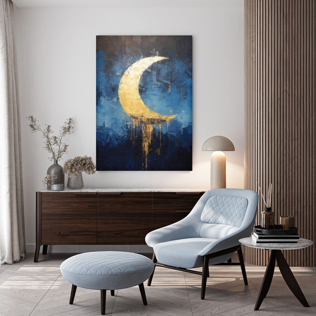 Wadi Home abstract wall art featuring a golden crescent moon on a textured deep blue background with metallic accents.