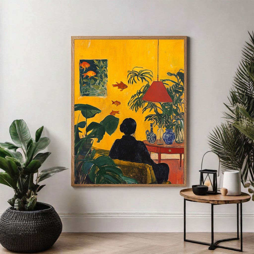 Wadi Home Golden Hour Serenity Wall Art: woman in black relaxing amidst lush plants and goldfish, yellow backdrop.