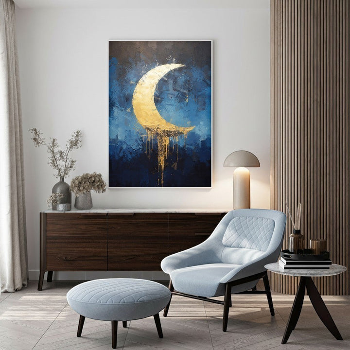 Wadi Home abstract wall art featuring a golden crescent moon dripping onto a textured deep blue background.