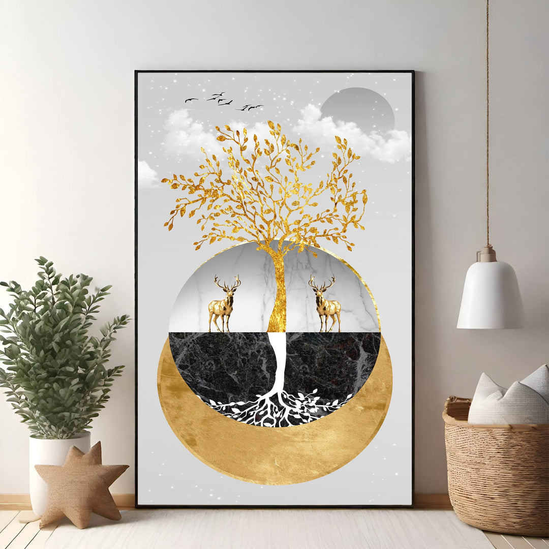Wadi Home Golden Tree of Life wall art with two deer, intricate roots, marble and dark stone textures. Modern abstract art.