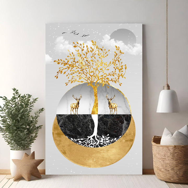 Wadi Home Golden Tree of Life wall art with two deer, marble, and dark stone textures. Abstract nature art.