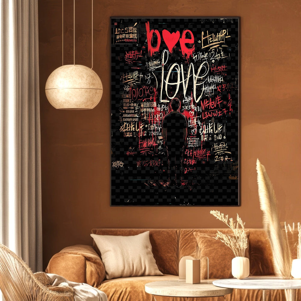 Wadi Home urban graffiti style Love wall art print featuring a silhouette on a black and red textured background.