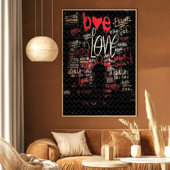 Wadi Home urban graffiti love wall art print featuring a silhouette against a black, white, and red textured background