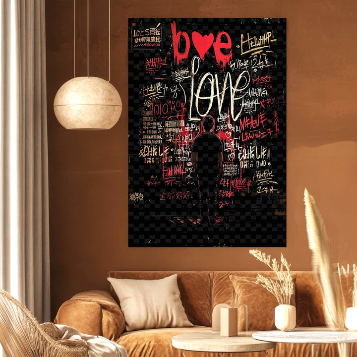 Wadi Home urban graffiti love wall art print with red and white typography on a black background in a modern living room