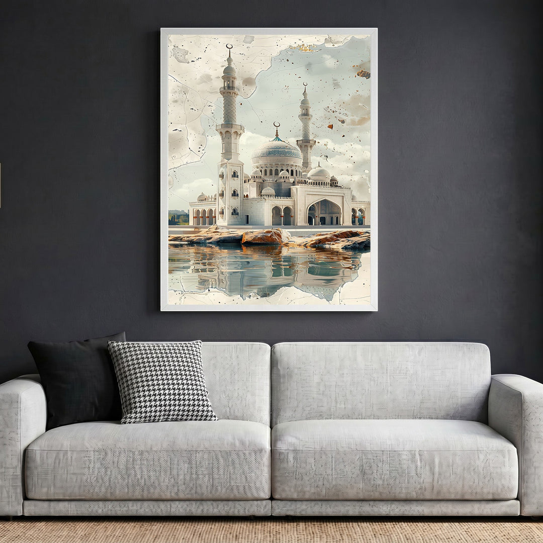 Wadi Home Grand Mosque architectural wall art print featuring domes and minarets above reflective water in a living room