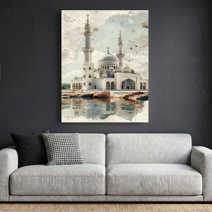Wadi Home Grand Mosque architectural wall art print featuring intricate domes and minarets above a reflective water pool