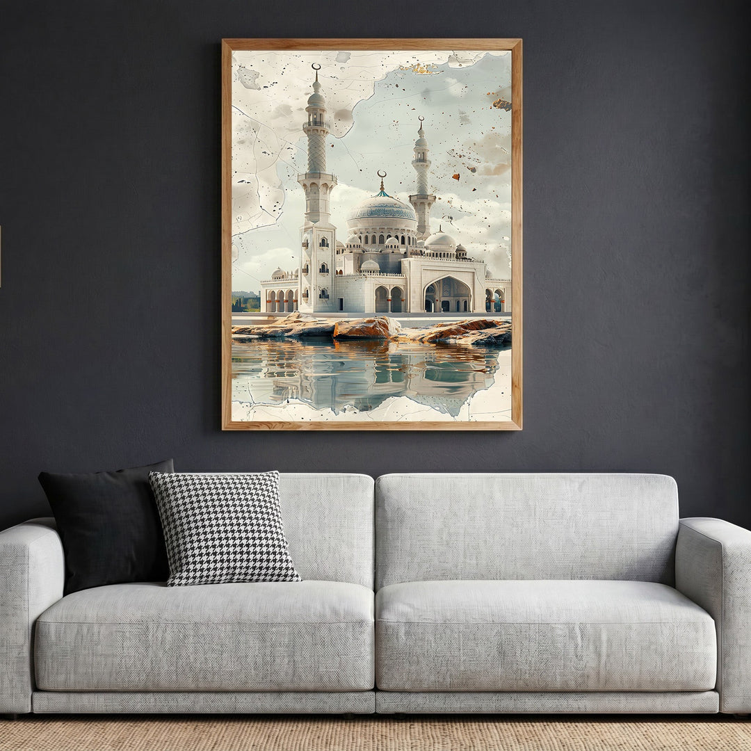 Wadi Home Grand Mosque architectural wall art print in a wooden frame hanging above a modern grey sofa.