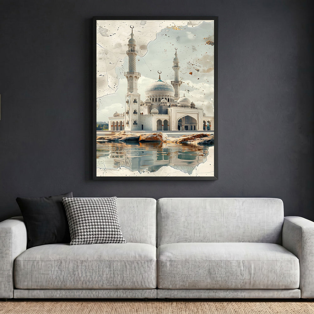 Wadi Home Grand Mosque architectural wall art print featuring domes and minarets in a black frame above a grey sofa.