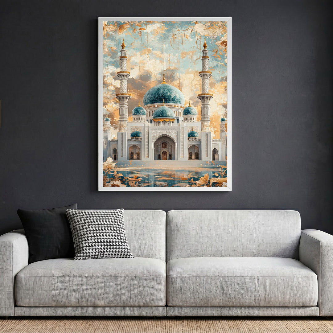 Wadi Home grand mosque wall art print featuring turquoise domes and minarets in a white frame above a grey sofa.