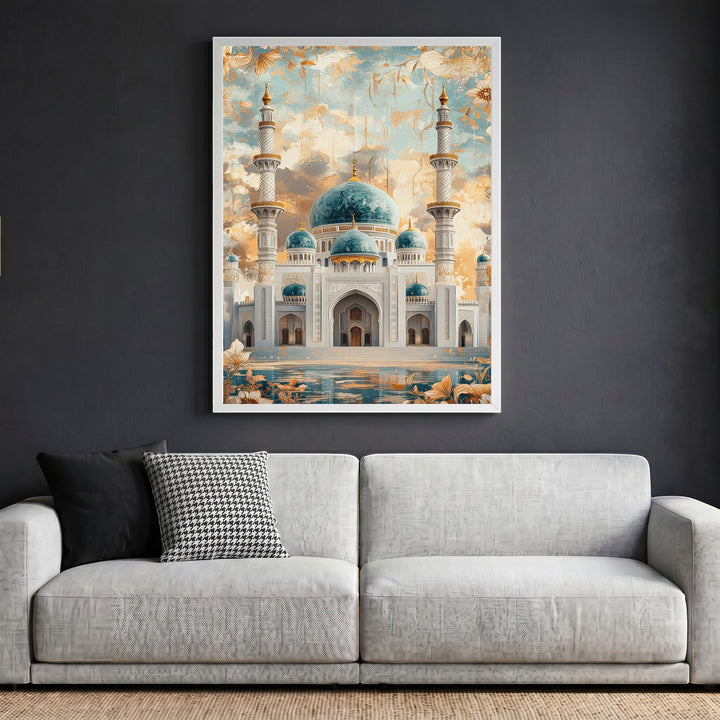 Wadi Home grand mosque wall art print featuring turquoise domes and minarets in a white frame above a grey sofa.