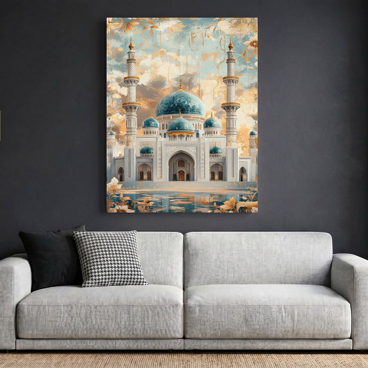 Wadi Home Grand Mosque wall art print with turquoise domes and gold accents hanging above a modern grey sofa.
