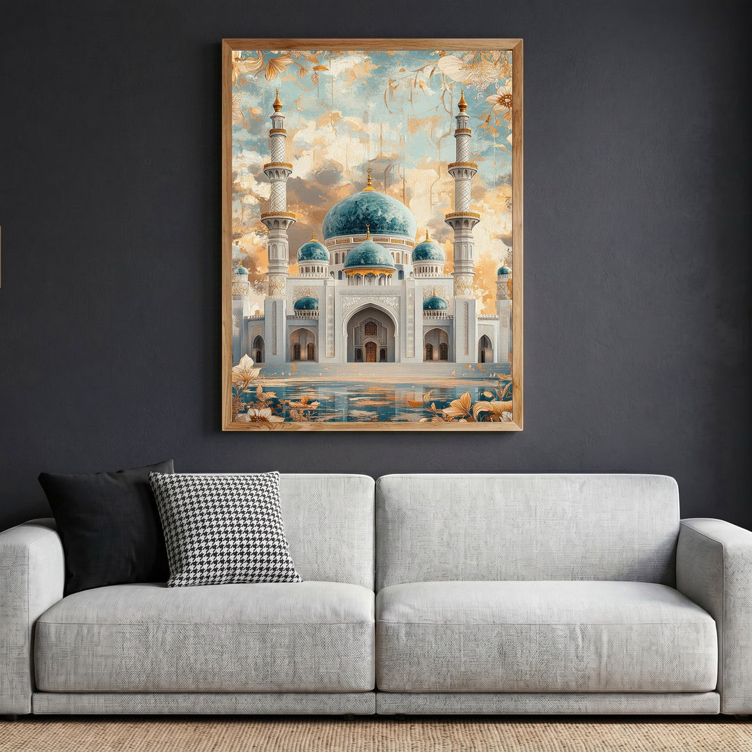 Wadi Home grand mosque architectural wall art print with turquoise domes and gold accents hanging above a grey sofa.