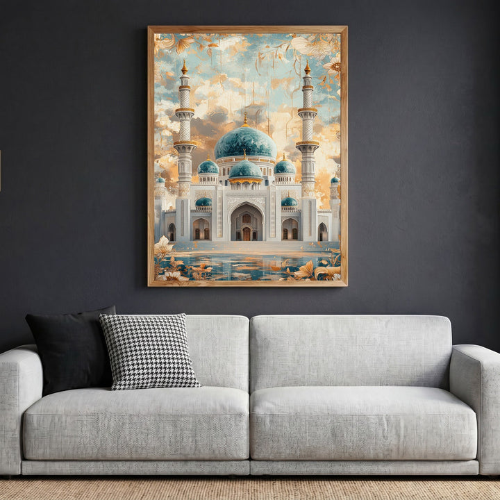 Wadi Home grand mosque architectural wall art print with turquoise domes and gold accents hanging above a grey sofa.