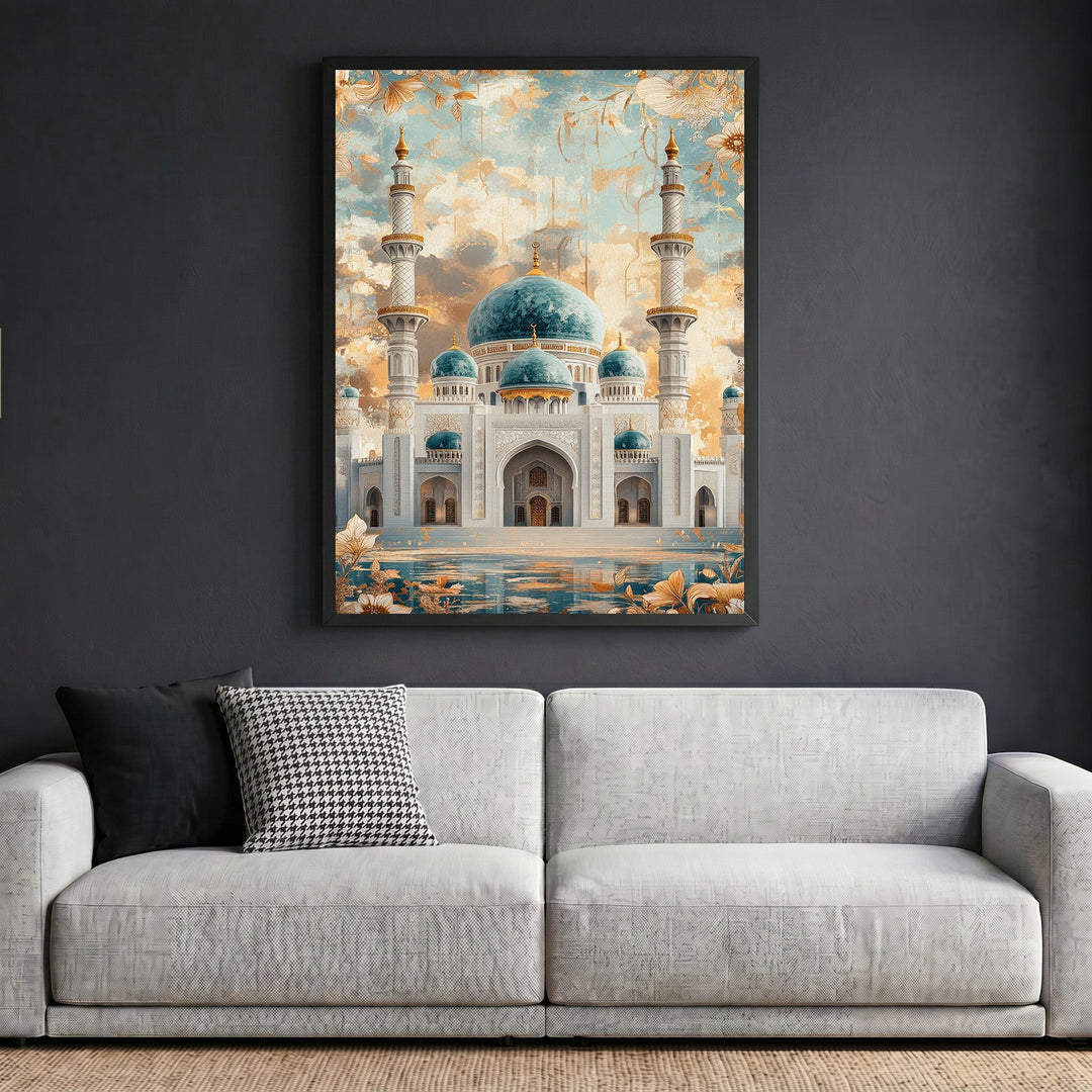 Wadi Home Grand Mosque architectural wall art print with turquoise domes and gold accents hanging above a grey sofa.