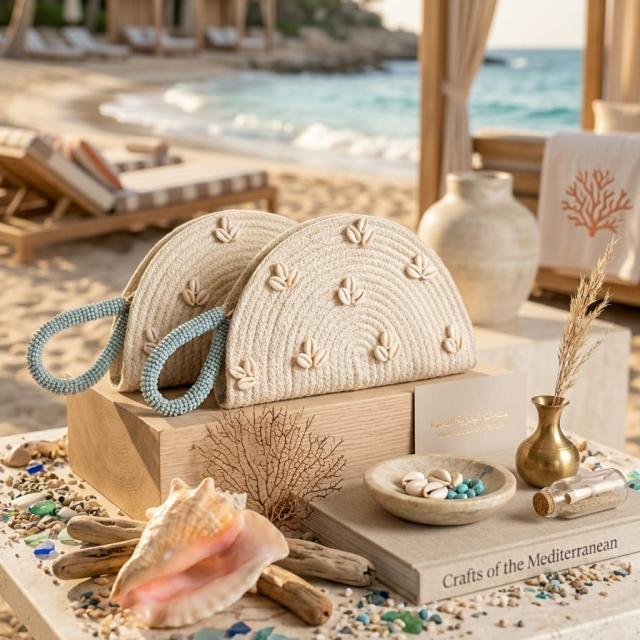 Wadi Home handwoven beige rope half moon clutch bags with cowrie shell accents and blue beaded handles on a beach table