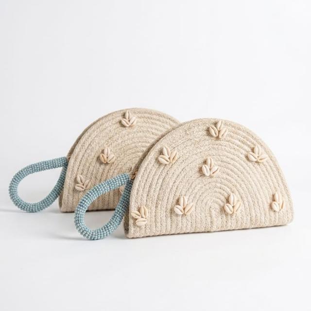 Wadi Home handwoven beige rope half moon clutch bags decorated with cowrie shells and blue beaded handles