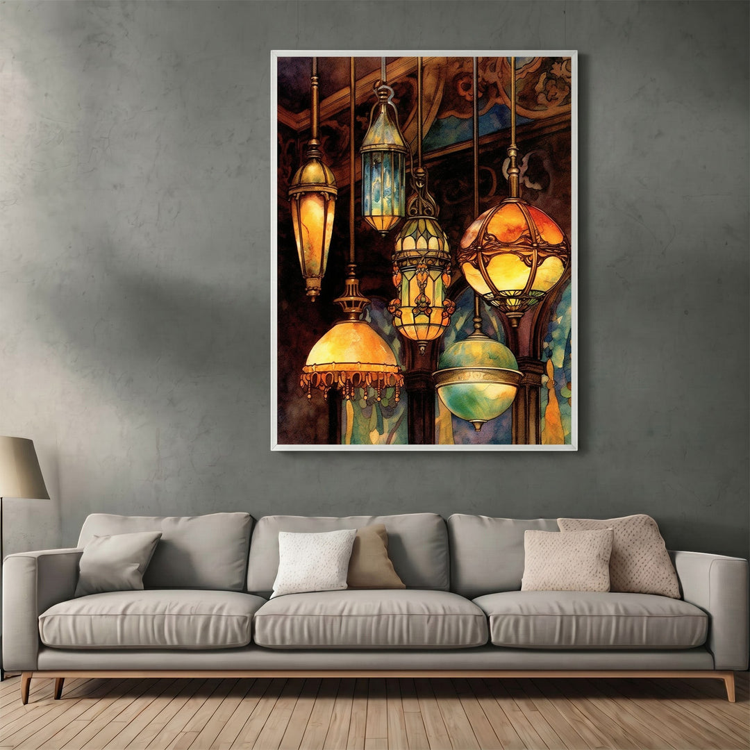 Wadi Home decorative wall art print featuring vintage hanging lanterns with warm amber glow in a modern living room